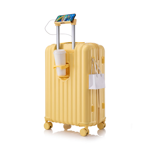 20"/24"/28" 3 Pcs/set In ABS Spinner Wheel Luggage, Carry On Suitcase, With Cup Holder & USB Port & Phone Holder (Yellow)