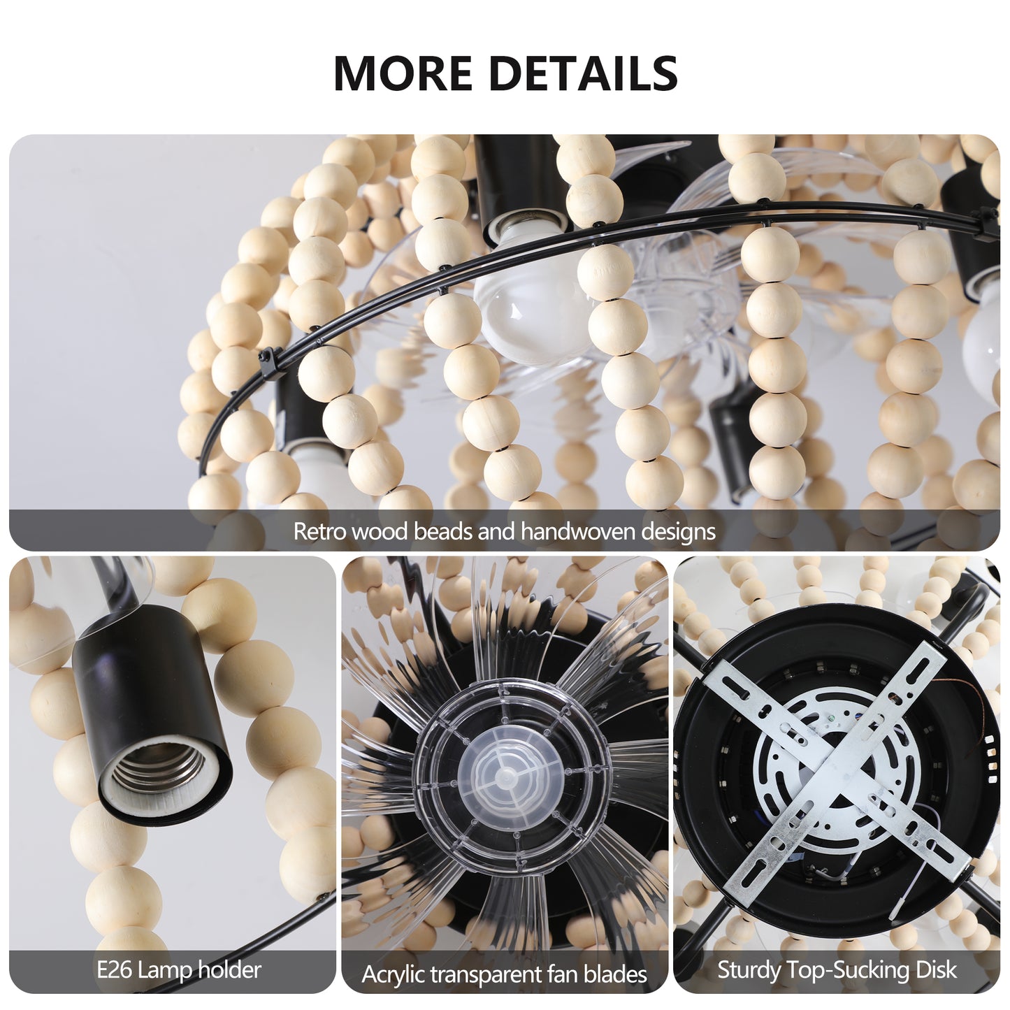 18" Bohemian Wood Beaded Ceiling Fan with Light – Rustic Flush Mount Ceiling Fan