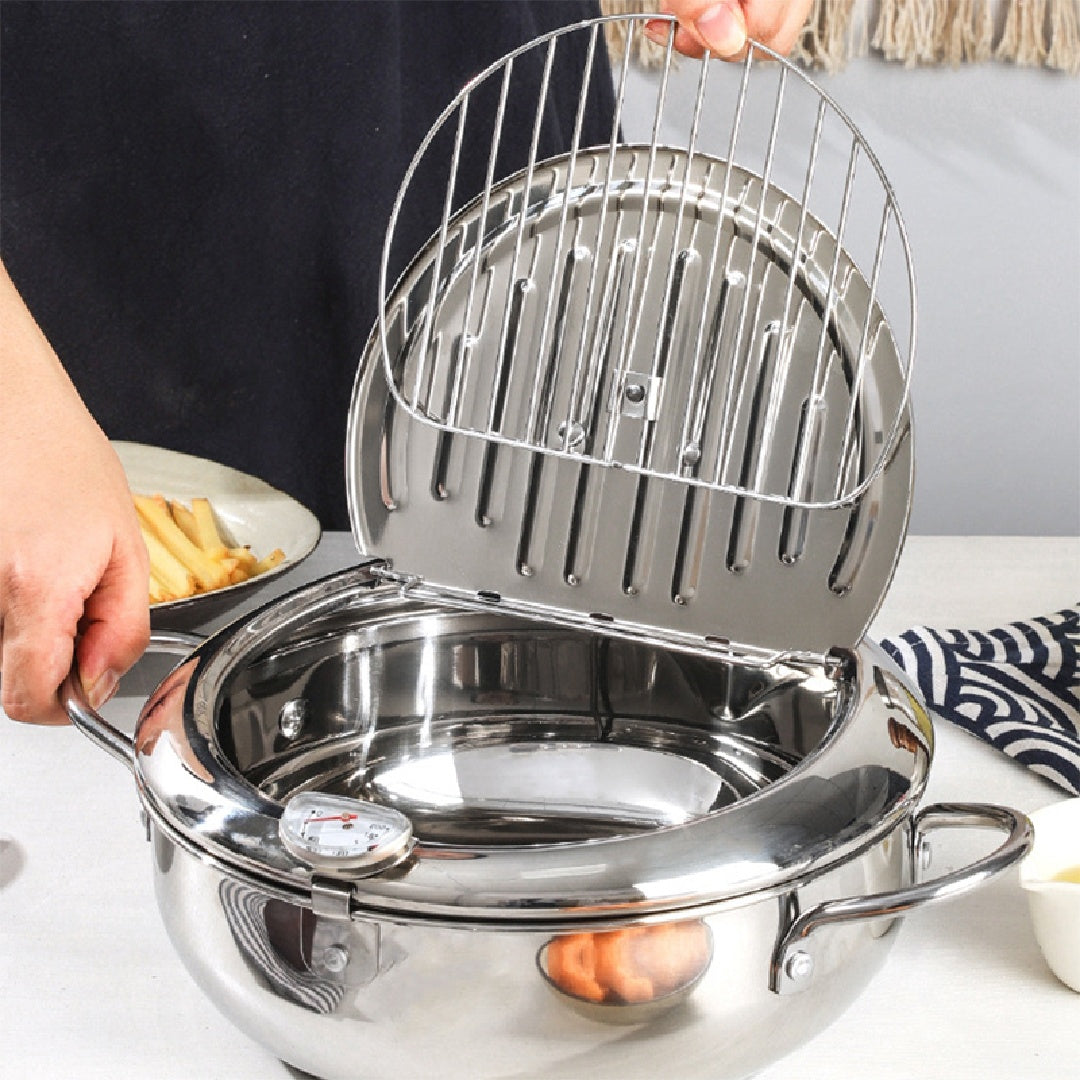 Stainless Steel Deep Fryer Pot with Basket & Temperature Control Lid