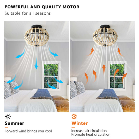 18" Bohemian Wood Beaded Ceiling Fan with Light – Rustic Flush Mount Ceiling Fan