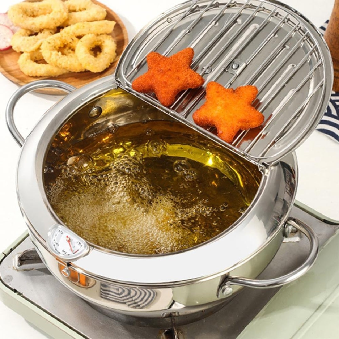 Stainless Steel Deep Fryer Pot with Basket & Temperature Control Lid