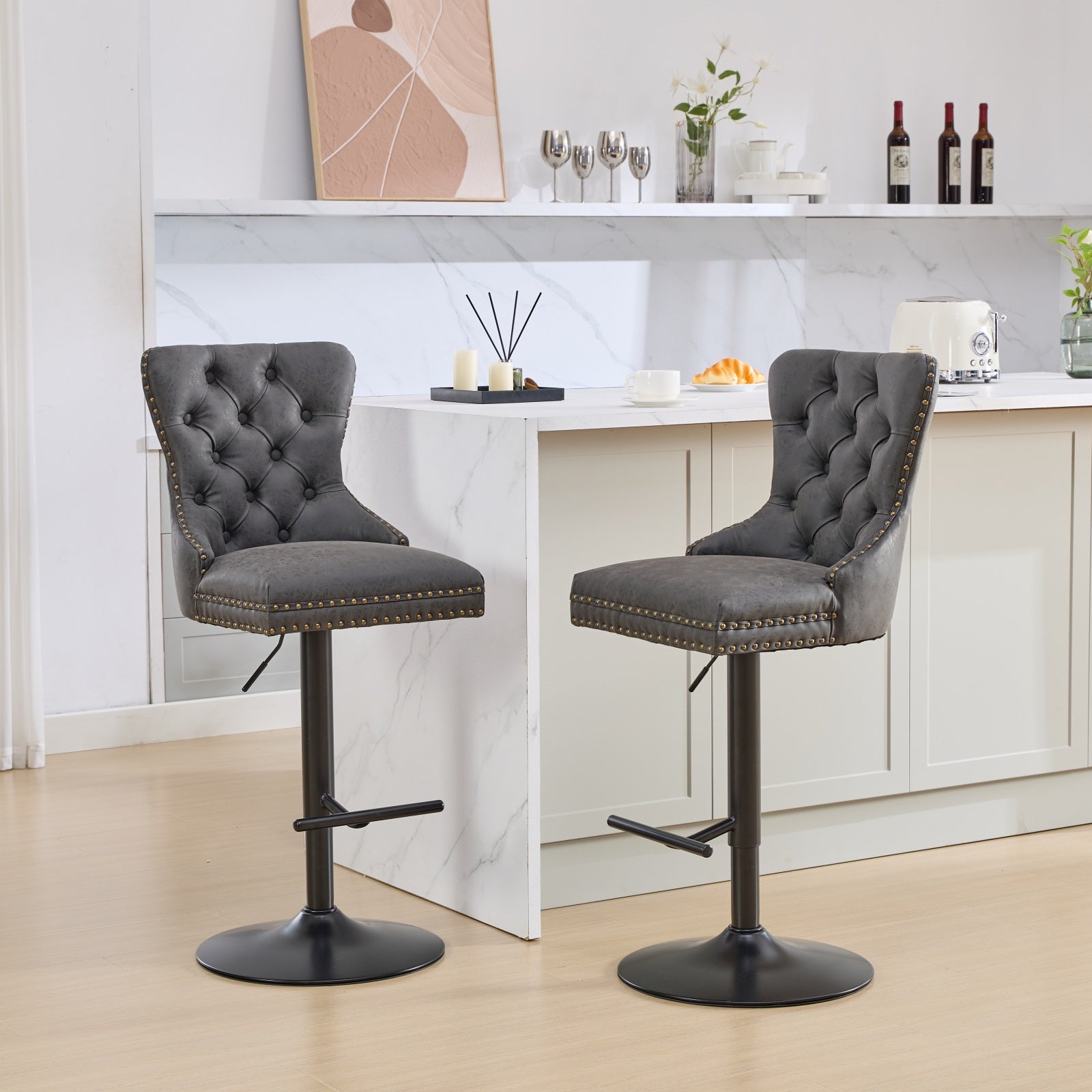 A&A Furniture,Aged And Retro PU Swivel Barstools Adjusatble Seat Height From 26-33 Inch, Modern Bar Stools With Backs Comfortable Tufted For Home Pub And Kitchen Island Black,Set Of 2