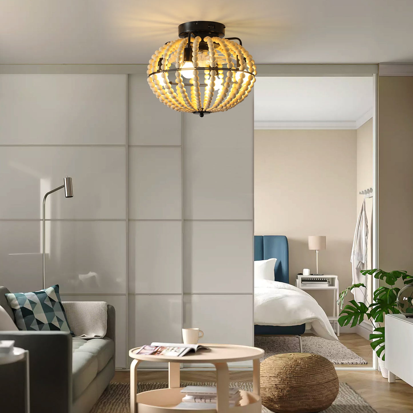 18" Bohemian Wood Beaded Ceiling Fan with Light – Rustic Flush Mount Ceiling Fan