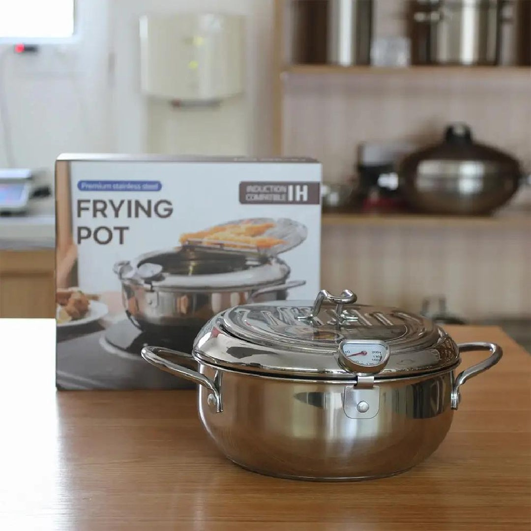 Stainless Steel Deep Fryer Pot with Basket & Temperature Control Lid