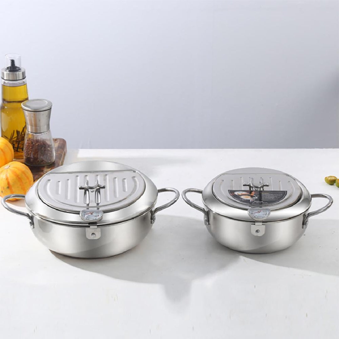 Stainless Steel Deep Fryer Pot with Basket & Temperature Control Lid