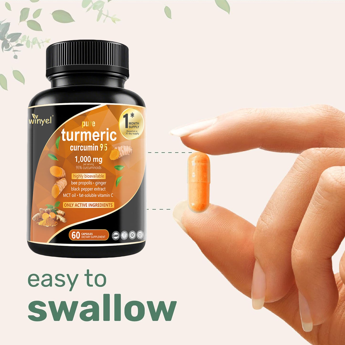 Premium Turmeric Curcumin Supplements 1000mg - Great Absorption Rate - Supports Heart, Brain And Joint Health - 60 Capsules