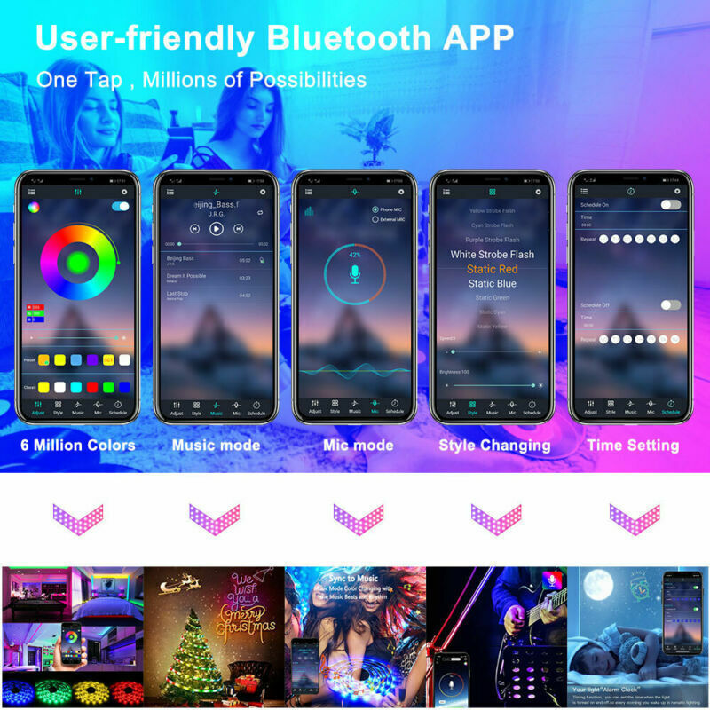 RGB LED Strip Lights – Bluetooth App Control Color Changing Lights for Room & TV (Remote Included)