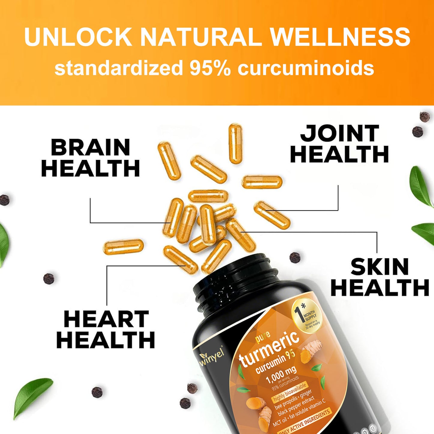 Premium Turmeric Curcumin Supplements 1000mg - Great Absorption Rate - Supports Heart, Brain And Joint Health - 60 Capsules