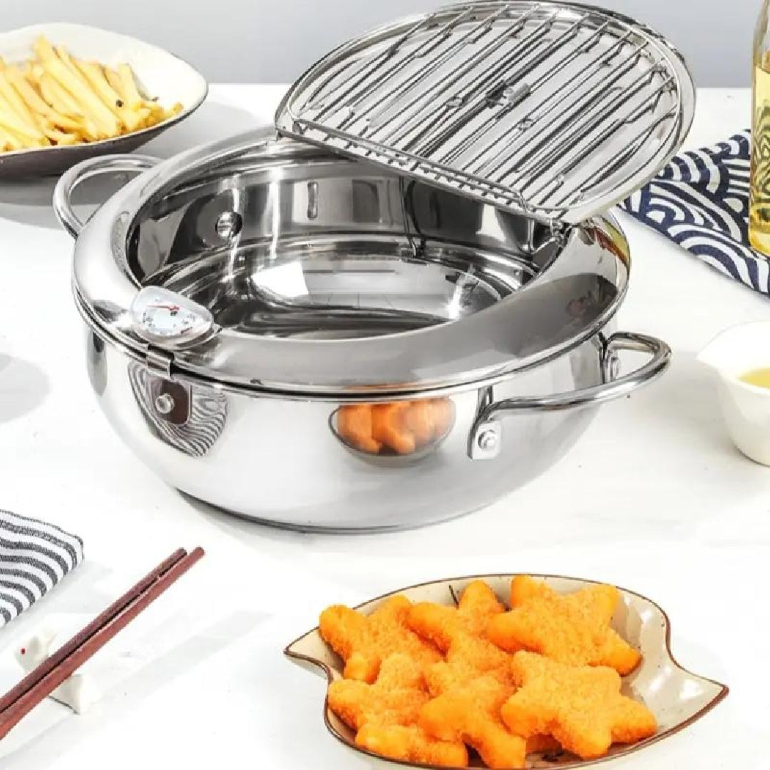 Stainless Steel Deep Fryer Pot with Basket & Temperature Control Lid